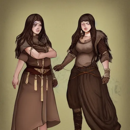 Image similar to two siblings, 2 5 years old women : : dark straight hair : : slightly overweight : : brown medieval cloting, natural materials : : high detail, digital art, illustration, realistic, rpg, fantasy