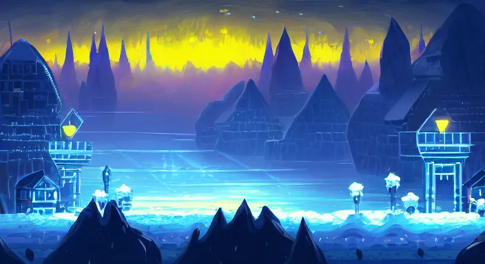 Image similar to beauiful background painting of an ice level of a 2 d sidescroller game, a city full of light in the distance, night time, video game art, pixel art, concept art, vivid and romantic, impressionism, ultra detailed, cool lighting, trending on artstation