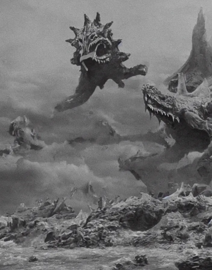 Image similar to a filmstill of a north korean monster movie, kaiju - eiga monster with starfish - arms trampling a traditional korean palace, foggy, film noir, epic battle, etheral, explosions, communist propaganda, communist epic thriller produced by kim jong - il, cinematography by akira kurosawa and tim burton, video compression