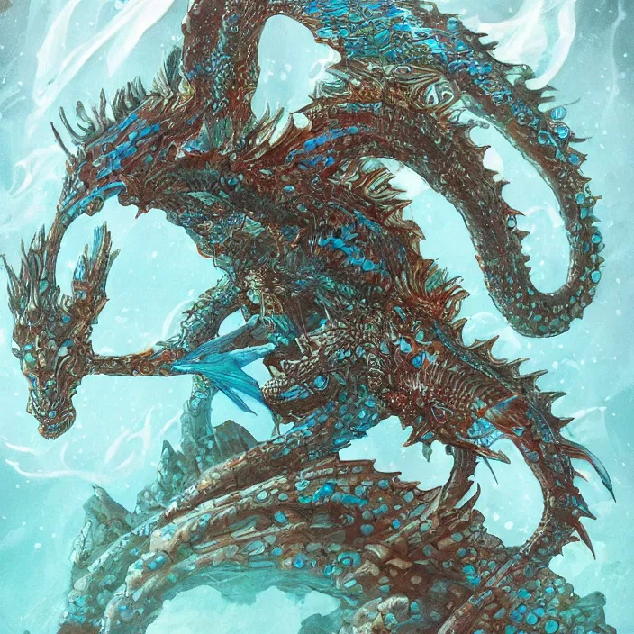 Image similar to underwater sea dragon full body, d & d style, trending on artstation, intricate, highly detailed, vivid painting, colorful, art by alexandr leskinen