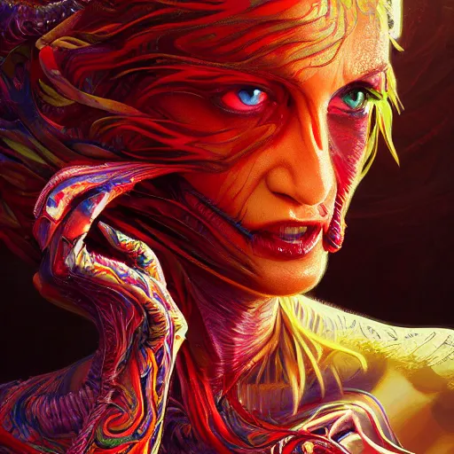 Prompt: hyper detailed ultra sharp, trending on artstation, vibrant aesthetic, bloodwave, colorful, psychedelic, ornate, intricate, digital painting, concept art, smooth, sharp focus, illustration, uma thurman, art by artgerm and greg rutkowski and h. r. giger, 8 k