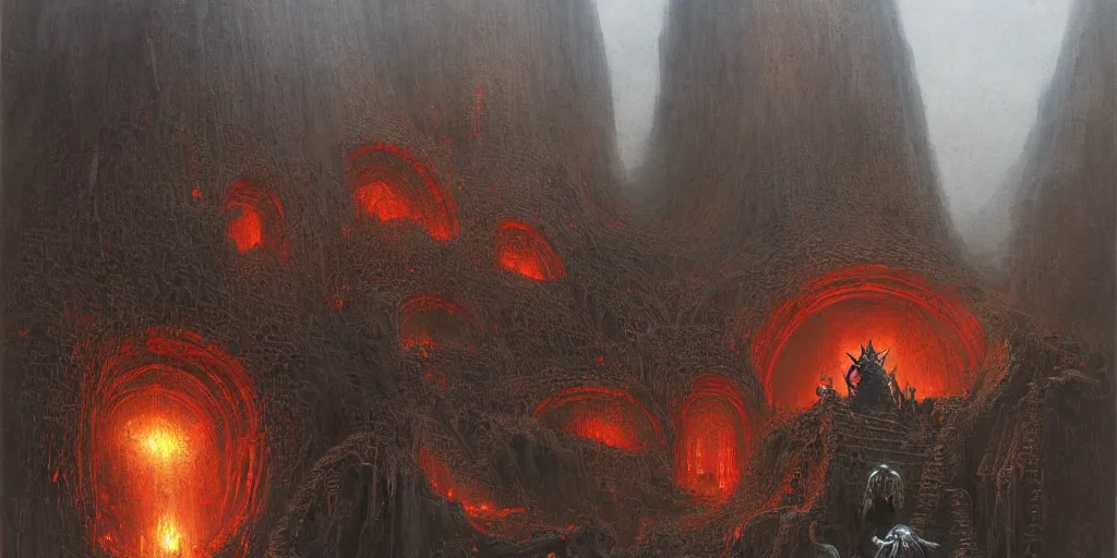 Image similar to balrog sitting in the throne of hell, surrounded by imps, ancient structures, babylon structures, wayne barlowe, beksinski, ruan jia, lord of the ring art, dark soul concept art