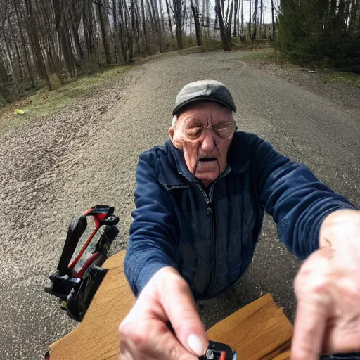 Prompt: photo of my grandfather accidentally taking a selfie with the front camera while trying to start the chainsaw but it never starts the first time so he is angry