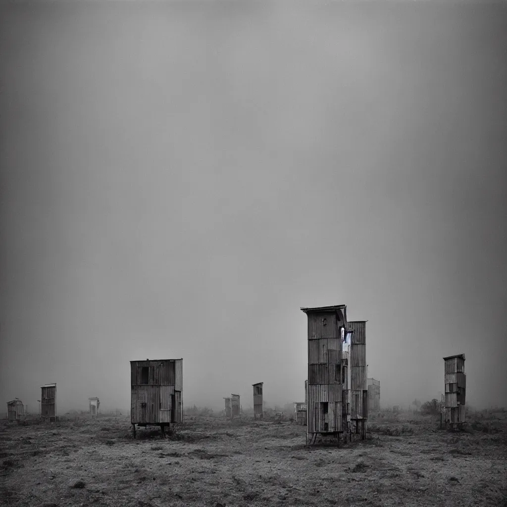 Image similar to two towers, made up of makeshift squatter shacks with pastel colours, misty, dystopia, mamiya rb 6 7, fully frontal view, very detailed, photographed by trent parke