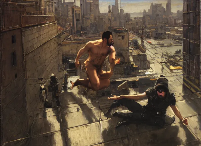 Image similar to Greg evades sgt Nash. Cyberpunk hacker escaping menacing police troopers (blade runner 2049). bearded face. rooftop free running. Iranian orientalist portrait by john william waterhouse and Edwin Longsden Long and Theodore Ralli and Nasreddine Dinet, oil on canvas. Cinematic, hyper realism, realistic proportions, dramatic lighting, high detail 4k