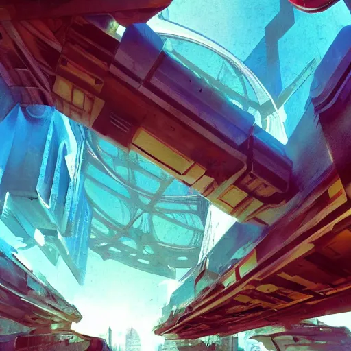 Prompt: overgrown futuristic cityscape located under a bridgeway, world seen only through a portal, daylight, cinematic perspective, cinematic lighting, blue sky, syd mead, john harris, symmetrical