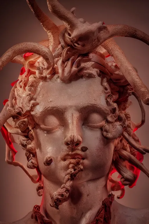 Prompt: a cinematic view of a ornated holy sacred faun statue using a old red silk veil made by hedi xandt, chris haas and bernini, realistic, macabre art, detailed image, photorealistic, volummetric light