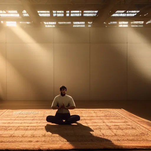 Prompt: a man sits in a meditation pose in the middle of a large throne room. the air is filled with haze. holographic user interface elements float all around him. wires and cables run, overlapping, along the floor. golden sunlight illuminates the room at sunset. this space is sacred.