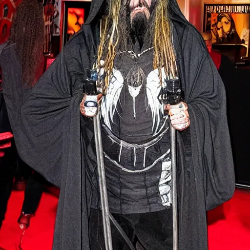 Image similar to rob zombie wearing a dark hooded cloak