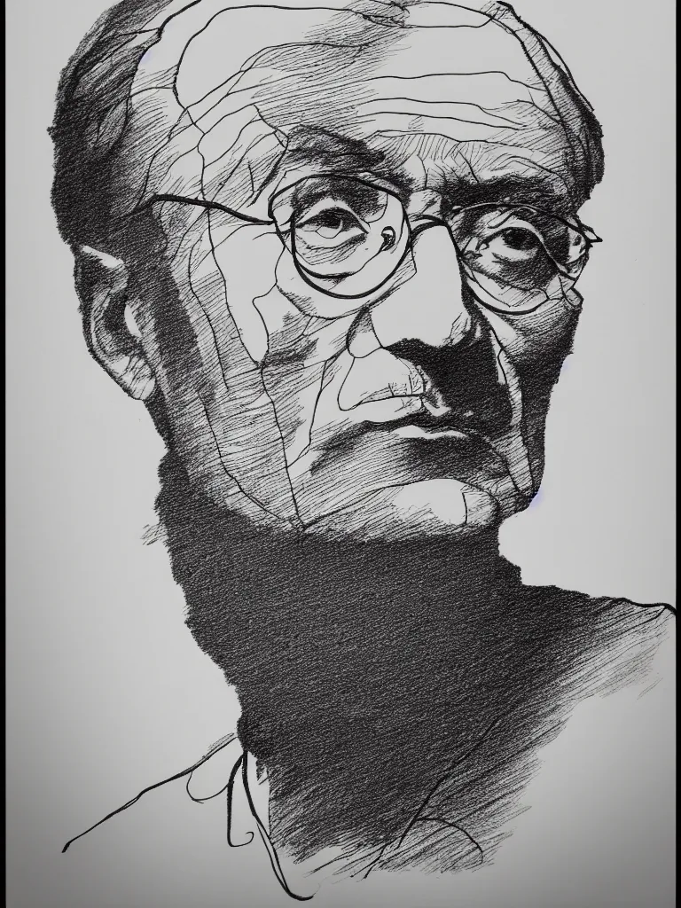 Image similar to wire lineart lines drawing calligraphy portrait of hermann hesse.