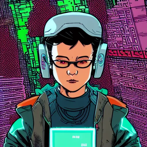 Image similar to ps2 screenshot of young cyberpunk explorer wearing futuristic headpiece, in the style of by Josan Gonzalez and Geof Darrow, highly detailed, high quality, HD, 4k, 8k, realistic, sharp, trending