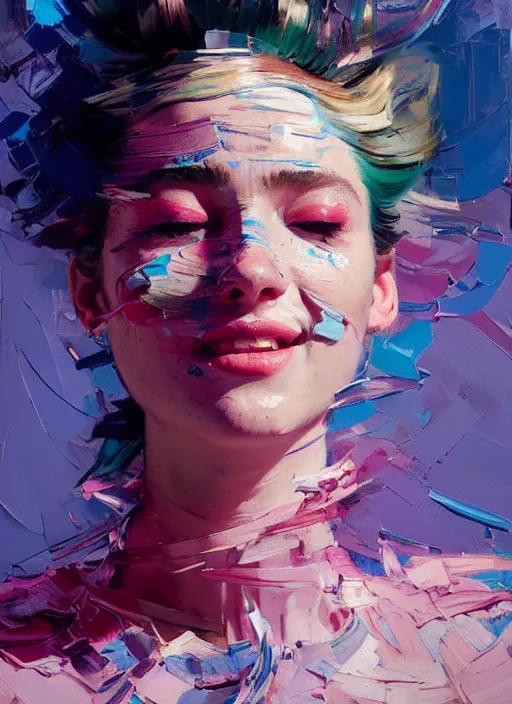 Image similar to portrait of a beautiful girl, smiling, ecstatic, dancing, eyes closed, open mouth, shades of pink and blue, beautiful face, rule of thirds, intricate outfit, spotlight, by greg rutkowski, by jeremy mann, by francoise nielly, by van gogh, digital painting