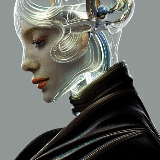 Prompt: profile portrait of an extremely beautiful, gorgeous, elegant and sophisticated glass femel mechanoid made of transparent glass, ultrafine detailed by james jean, giuseppe arcimboldo, intricate, final fantasy, unreal engine 5 highly rendered, global illumination, colored light, fine fiberglass, luminous, translucent, volumetric light, futuristic, 4 k, artstation.