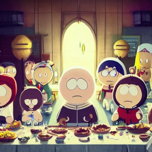 Prompt: milk - chan and ike from south park and stewie from family guy and bobby from bobby's world all sitting at the dinner table. in the style of the last supper by ruan jia fenghua zhong, ryohei hase, ismail inceoglu