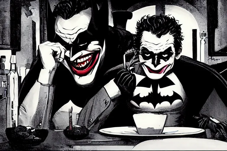 Image similar to portrait of Batman eating breakfast ，Next to the head of the joker is placed，By Emmanuel Lubezki