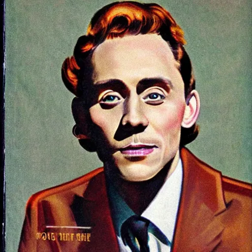 Prompt: Tom Hiddleston portrait, vintage magazine illustration 1950