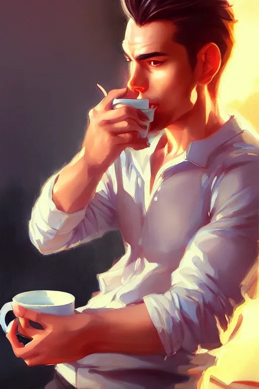 Image similar to attractive man drinking coffee, sunset, painting by ross tran, vladimir volegov, j. c. leyendecker, tom of finland, trending on artstation