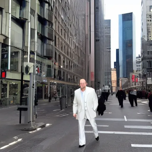 Image similar to A giant balding, white, ginger man walking through the city