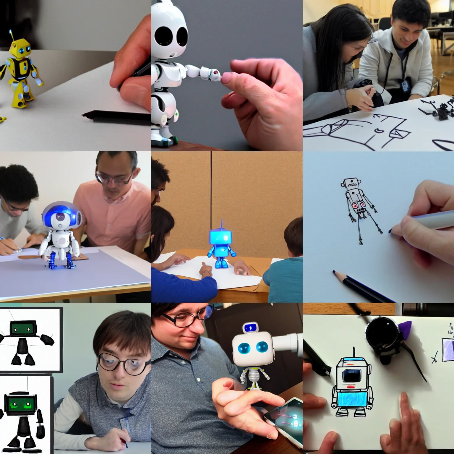 Prompt: machine learning researchers teaching a cute tiny robot how to draw