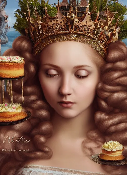 Image similar to closeup medieval botticelli face portrait of a fairytale princess wearing a crown eating cakes in the castle, bikini, depth of field, zeiss lens, detailed and intricate environment, fashion photoshoot by nicoletta ceccoli, mark ryden, lostfish, breathtaking, 8 k resolution, extremely detailed, beautiful, establishing shot, artistic, hyperrealistic, octane render
