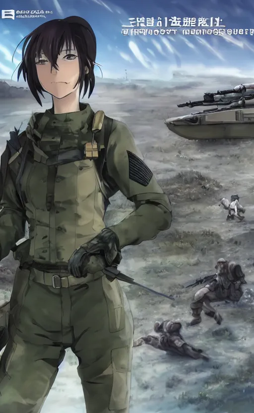 Image similar to brown hair girl, trading card front, future soldier clothing, future combat gear, realistic anatomy, concept art, professional, by ufotable anime studio, green screen, volumetric lights, stunning, military camp in the background, metal hard surfaces, focus on generate the face, tanny skin, sonic boom, realistic airplane