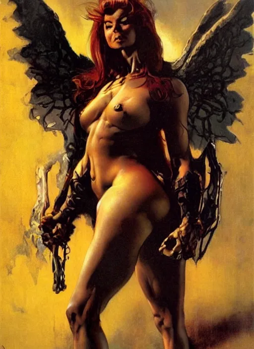 Image similar to portrait of female chaos angel, beautiful! coherent! by frank frazetta, by brom, strong line, deep color, armor, volumetric hair, high contrast