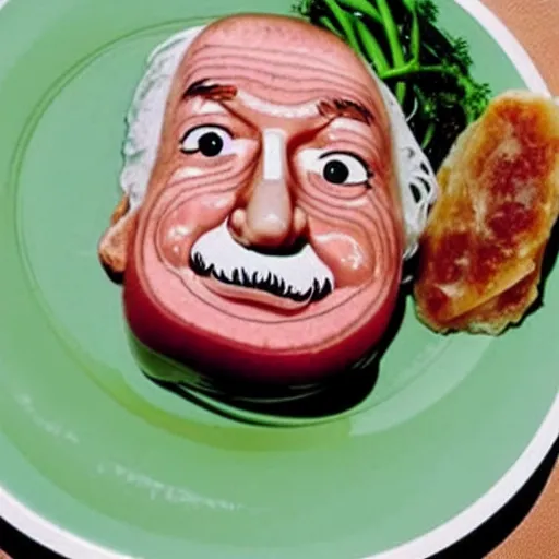 Image similar to !!! eisbein!!! with the face of albert einstein on a eisbein, pickled!!! ham!!! hock with the face of einstein, food photography, mash and gravy and eisbein with peas on a plate