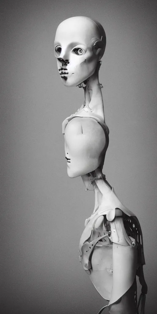 Image similar to black and white dreamy foggy smoky profile face portrait, single skeletal biomechanical beautiful young female cyclops - cyborg - robot bust, body ribs meshes,, volumetric light, rim light, by dora maar and cecile beaton, big gothic fashion pearl embroidered collar, 8 k