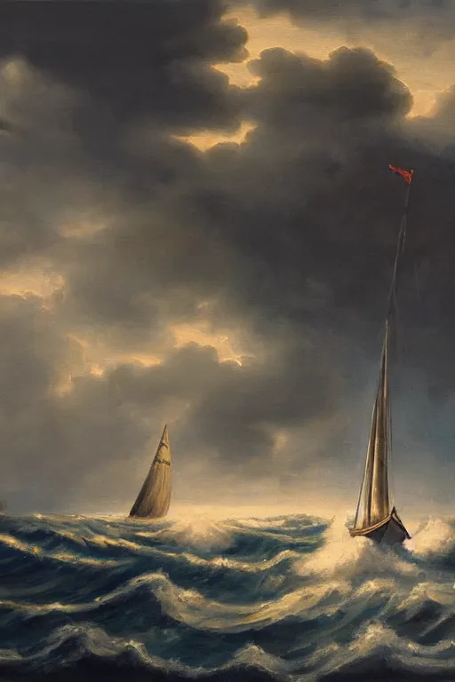 Prompt: an oil painting illustration of sailing boat in huge waves, night, moonlight, dark clouds, dramatic shoot, artstation trending, high quality, no crop, entire person visible, natural light, width 768