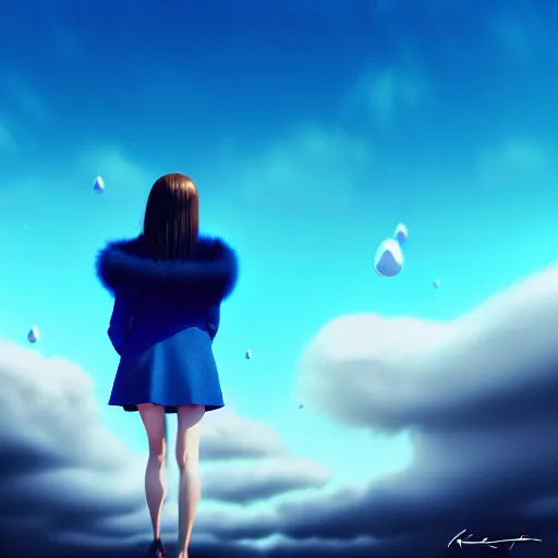 Image similar to giant droplets of water floating around a flying girl with wings, sky blue straight hair, low - angle shot from behind, blue coat, fur scarf, ultra fine detail, dark theme, digital painting, psychedelic, film still, cinematic, wlop, ilya kuvshinov, ross tran