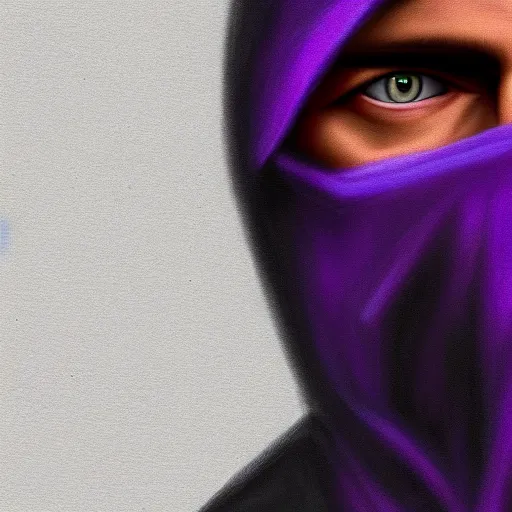 Image similar to ultra realistic illustration, man in a black hood, in a striped purple balaclava, mysterious, highly detailed, digital painting, artstation, concept art, smooth, sharp focus, illustration