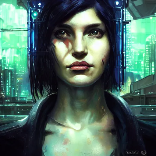 Image similar to molly millions, closeup portrait of a young beautiful cyberpunk woman, mirror eye implants, black hair in a rough shag, sunset, neuromancer, street samurai, cyberpunk city background, megacity, gorgeous view, depth, painted by seb mckinnon, high detail, digital art, painted by greg rutkowski, trending on artstation