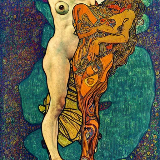 Image similar to transcendential consciousness, contrapposto, egon schiele, gustav klimt, alphonse mucha, retro futurism