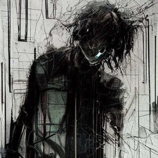 Image similar to a cyberpunk gothic noir detective, skulls, wires cybernetic implants, machine noir grimcore in cyberspace photoreal, atmospheric by jeremy mann francis bacon and agnes cecile, ink drips paint smears digital glitches