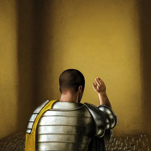 Image similar to A pale young man stands inside a prison cell. Clad in shining armor he kneels and prays to a God others would have long abandoned. Sunshine lightly grazes his cheeks as he prays, his broken spear used as a cross to focus on. The knight's expression is sad, pensive, but resolute, decisive and stubborn. Portrait.