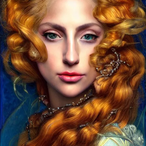 Image similar to photo realistic, hyper realism, lady gaga artpop act ii album, intricate detail, hyper detail, gaston bussiere, sandro botticelli style, with honey light brown rapunzel hair, detailed, masterpiece, sharp focus,