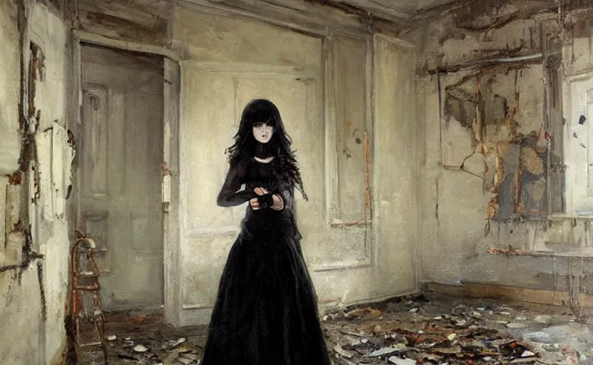 Image similar to Gothic girl holding a knife and standing on an abandoned hospital room. By Konstantin Razumov, highly detailded