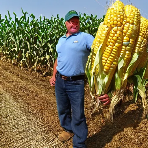 Prompt: proud farmer holding the world's largest corn