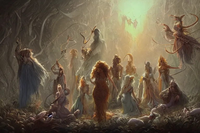 Image similar to the muses. sacred singers they who took up the strings of the deep, and turned the cacophony of an angry world into songs of unity and peace. there's a feathered bunny audience. morning lighting, cinematic fantasy painting, dungeons and dragons, jessica rossier and brian froud