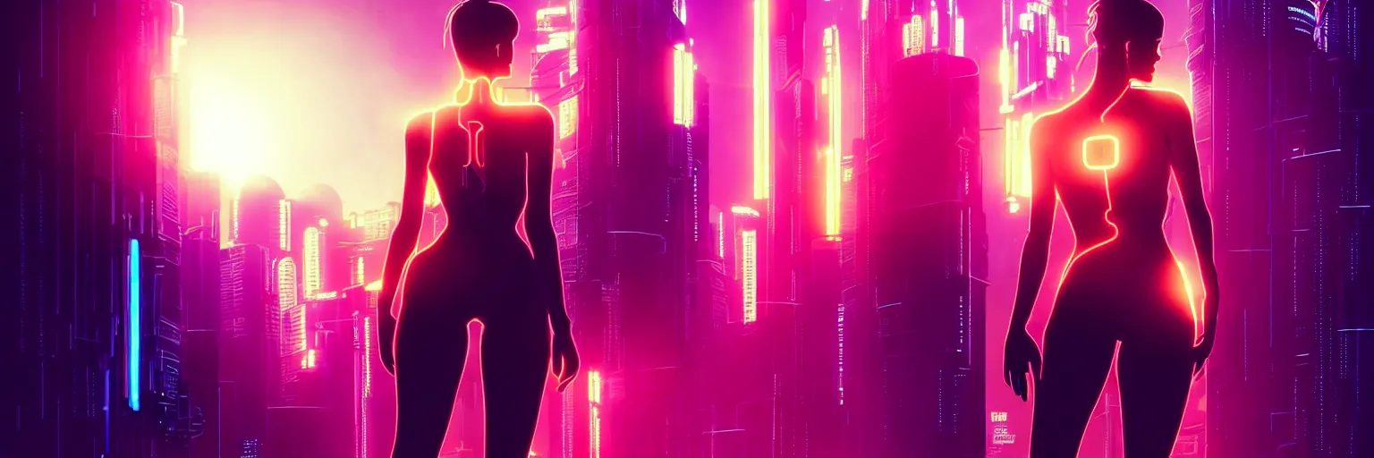 Prompt: backlit silhouette of a female humanoid in a cyberpunk cityscape, half body cropping, elegant glamor pose, accurate anatomy, cyber led neon lighting, bokeh, rule of thirds, hyper photorealistic, crispy quality, digital photography, art by pascal blanche, art by artgerm, art by greg rutkowski,