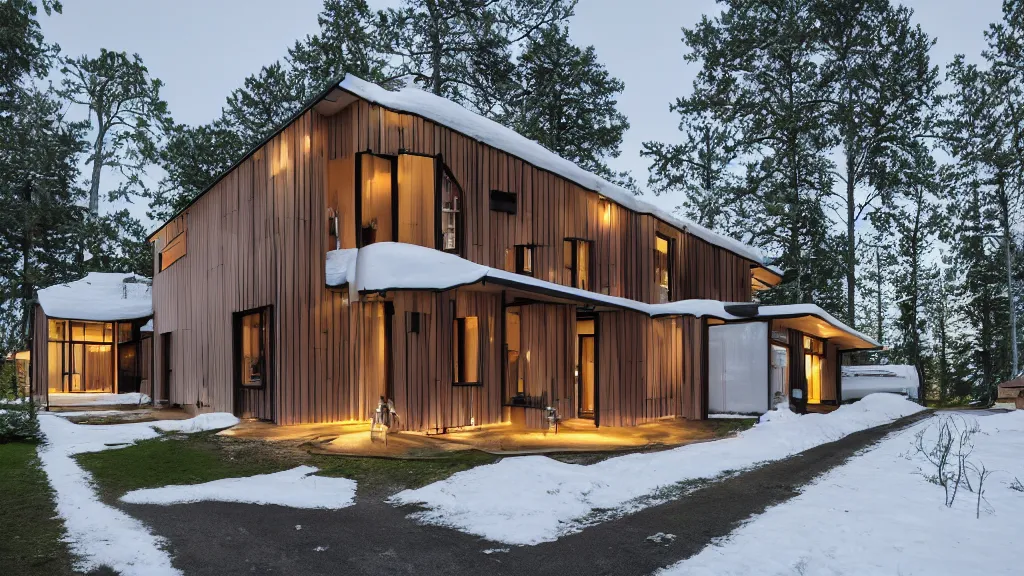 Prompt: Exterior photographs of a residential house by Alvar Aalto, Architectural photography, 14mm, cinematic photography, high resolution 4k