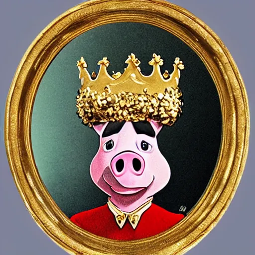 Prompt: a pig wearing a gold crown in the style of Chuck Jones