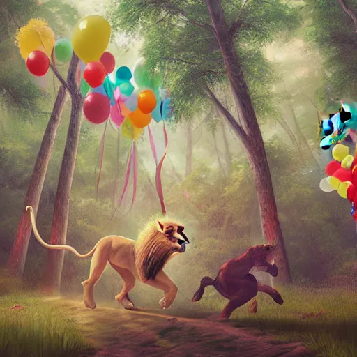 Image similar to lion run through the forest and see a birthday ribbons and balloons , concept art, huge scale, high details by Evgeniy Antonenkov