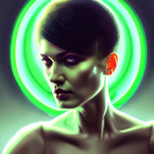 Image similar to woman with extremely large and intricate haircut with angry green eyes and slim features looking askance, eye cyberpunk bionics, retro futurist style, intricate, elegant gleaming intricate baroque jewelry, angelic halo, highly detailed, digital painting, artstation, concept art, smooth, sharp focus, illustration, art by wlop, mars ravelo and greg rutkowski,