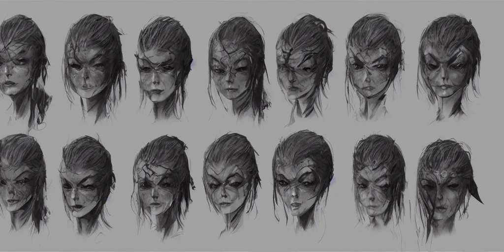 Image similar to gothic female character face detail designs, Kim Jung Gi, Greg Rutkowski, character sheet, Darek Zabrocki, Karlkka, Jayison Devadas, Phuoc Quan, trending on Artstation, 8K, ultra wide angle, pincushion lens effect