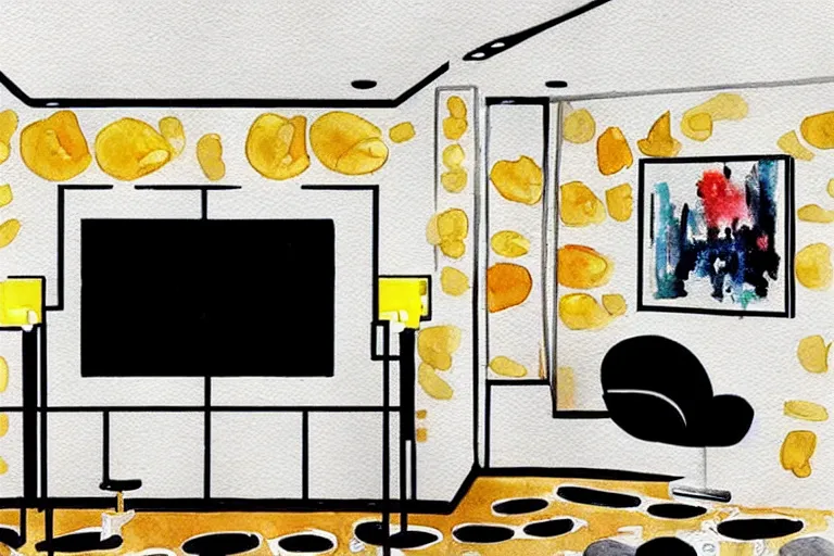 Image similar to very wide angle, a modern home movie theater with big screen, stylish wall sconces, old popcorn machine!, movie posters!, very happy and cozy, interior designed by kelly wearstler, rough watercolor painting