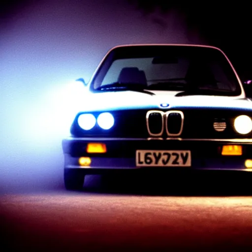 Image similar to a blue bmw e30 | nighttime | lights reflecting through haze and fog | darkness