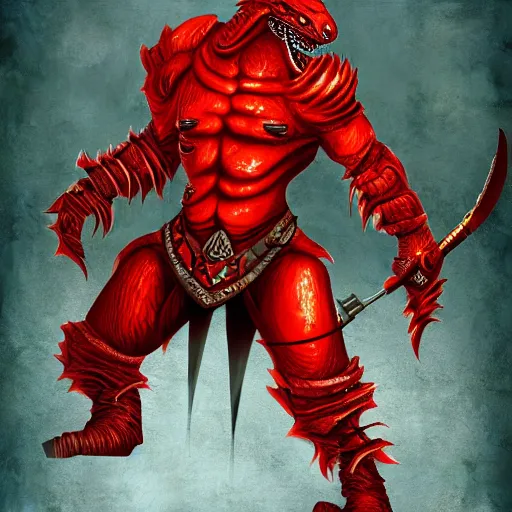 Prompt: red scaled male dragonborn wearing rogue outfit, full body portrait, vertical, muscular, wielding two daggers, fantasy, digital painting, cell shading, sharp, smooth focus