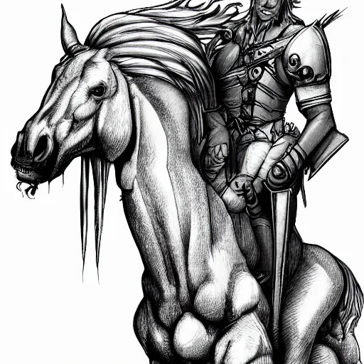 Prompt: A horse with a male human upper body for a head, epic dungeons and dragons character design, portrait