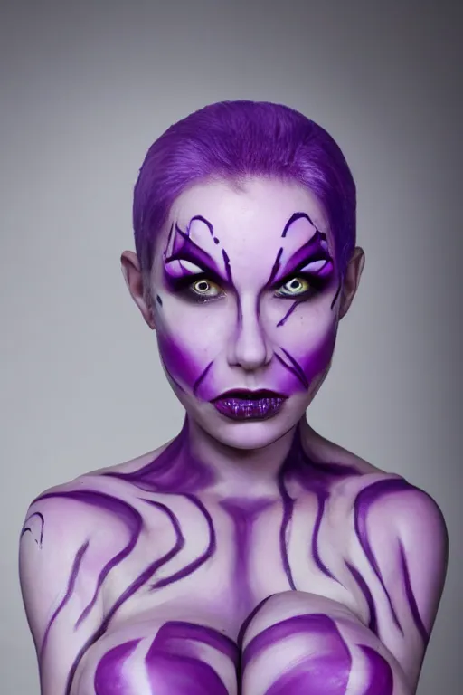 Image similar to purple - skinned alien girl with tentacle hair, cosplay, photo shoot, body paint, beautiful symmetric face, studio lighting